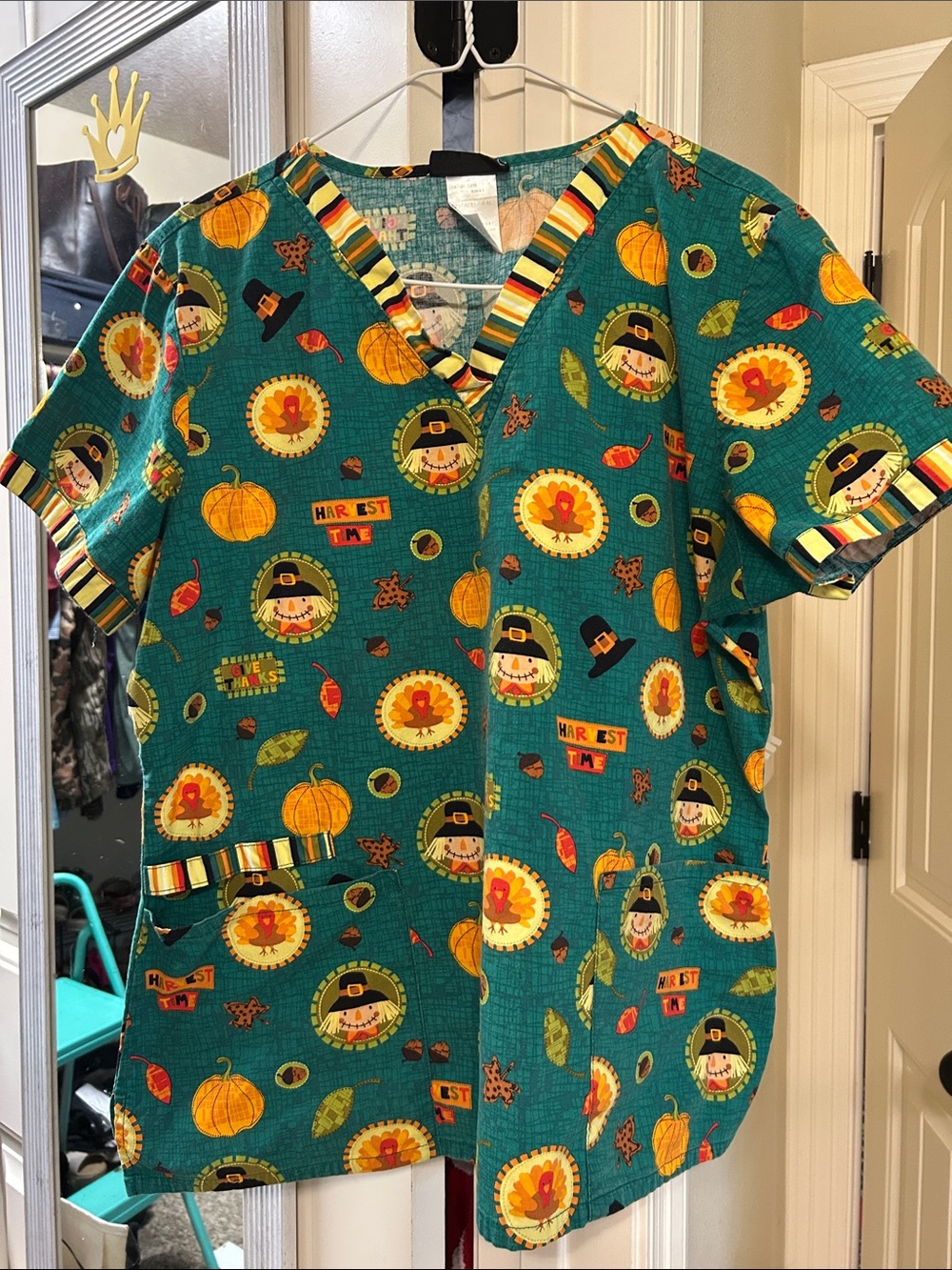 Cherokee green Harvest Print Short Sleeve Top with Pumpkin scrub top